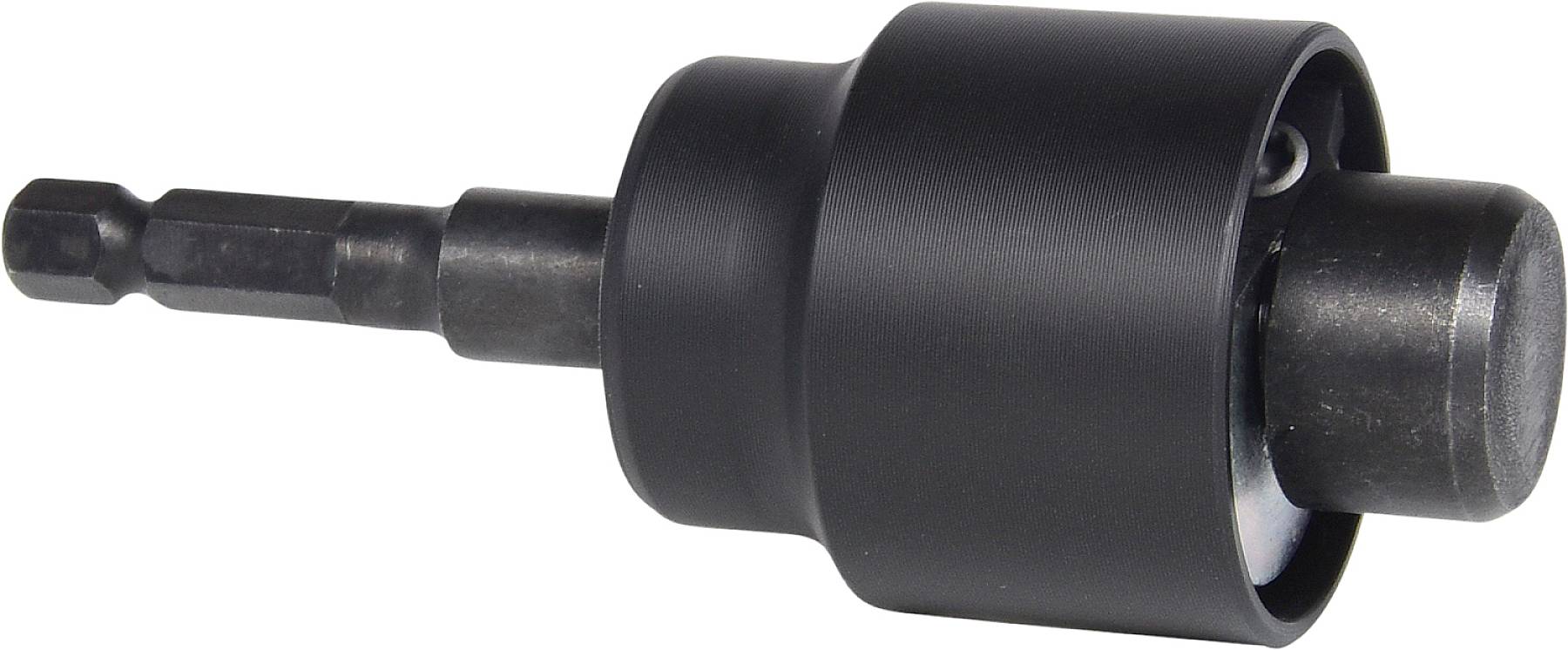 Ein schwarzer Lochsägeaufsatz mit Sechskantschaft, der an eine Bohrmaschine angeschlossen werden kann.