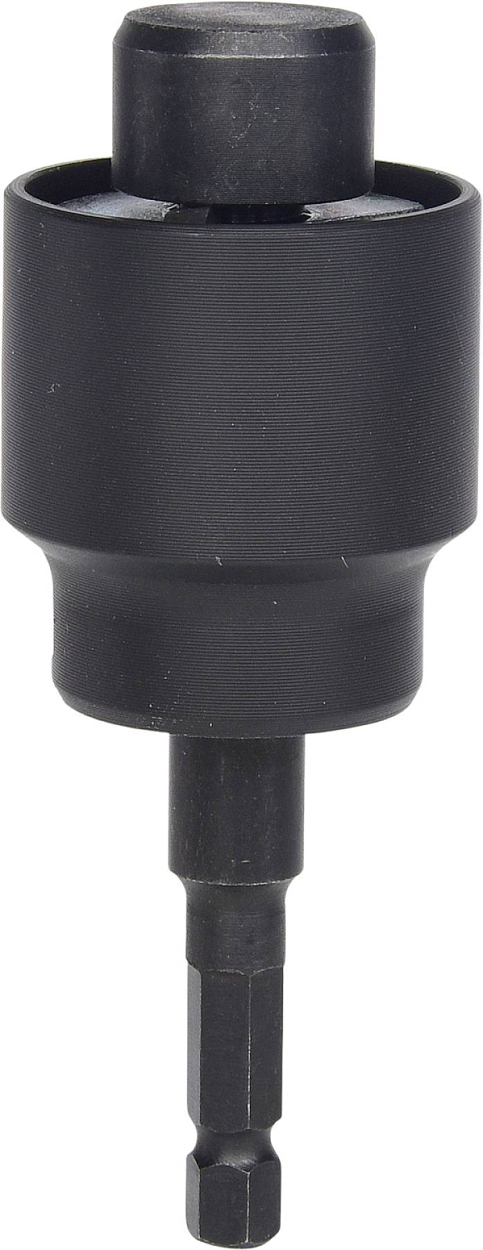 Ein schwarzer Bohradapter aus Metall mit Sechskantschaft, geeignet für Bohrmaschinen und Schrauber, zur Befestigung verschiedener Aufsätze.