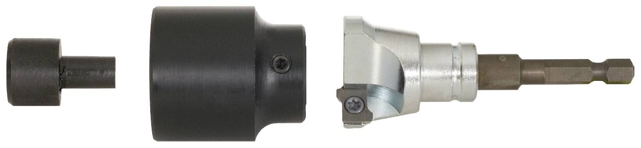 Metallbohrkopf mit abnehmbaren Aufsätzen, bestehend aus schwarzem abgerundeten Gehäuse und silbernem Verbindungsstück auf hellem Hintergrund.