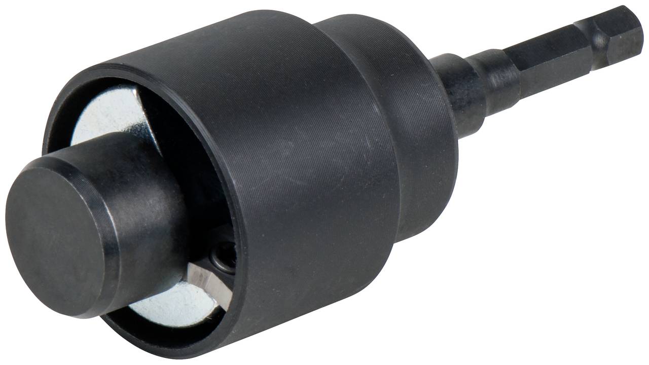 Schwarzes Metallwerkzeug mit zylindrischem Kopf und Sechskantaufsatz, häufig für Präzisionsarbeiten oder Bohrungen verwendet.