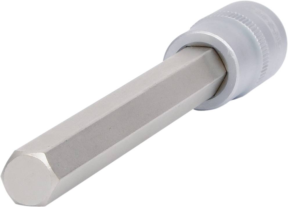 Ein silberner, sechskantiger Steckschlüsselaufsatz aus Metall für Schrauben oder Muttern, mit einem runden Griffende.