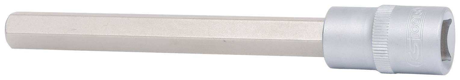 Ein silberner Steckschlüssel mit einem langen, sechskantigen Schaft und einer zylindrischen Aufnahme, seitlich betrachtet.