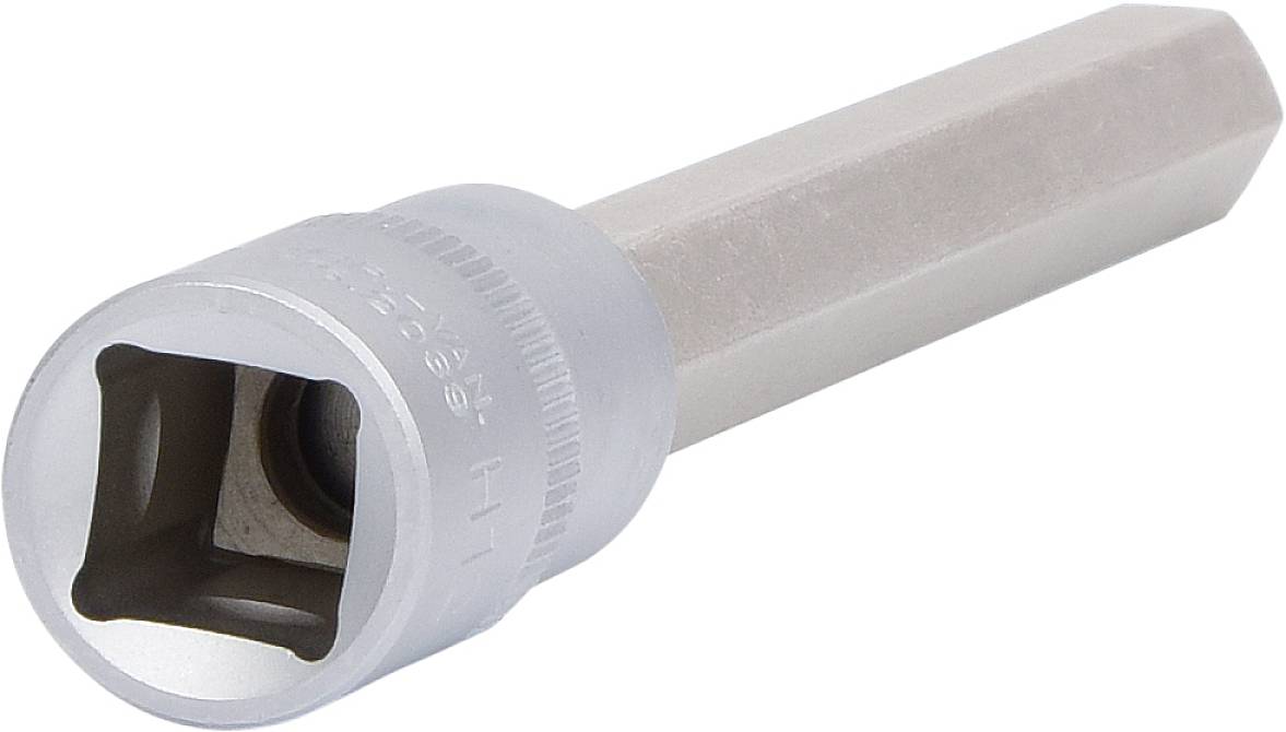 Ein silberner Sechskant-Bitaufsatz für Schraubenschlüssel oder Steckschlüssel, geeignet für handwerkliche Arbeiten.