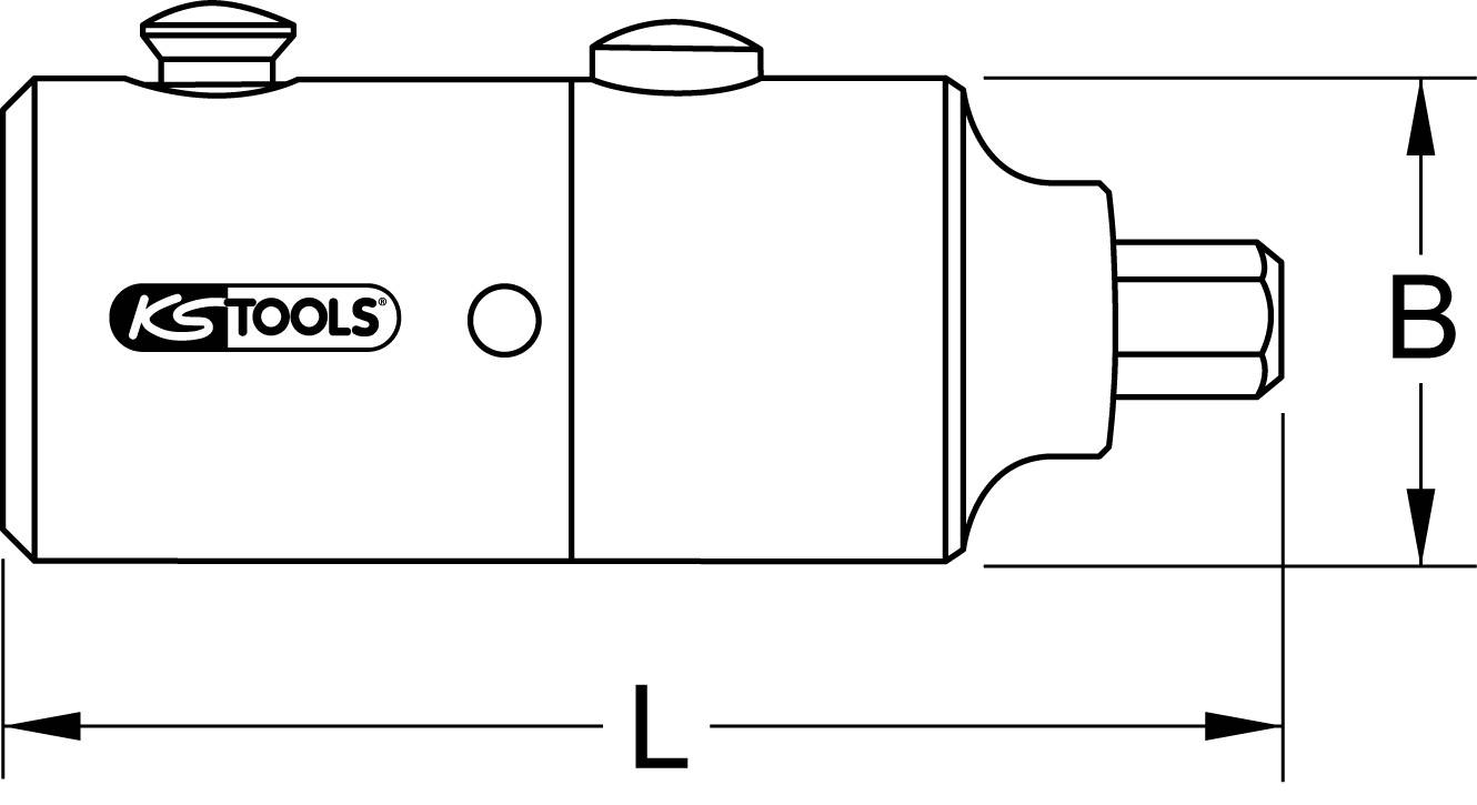 Zeichnung eines zylindrischen Werkzeugs mit zwei Maßen: L (Länge) und B (Breite), mit KS Tools-Logo auf der Seite.
