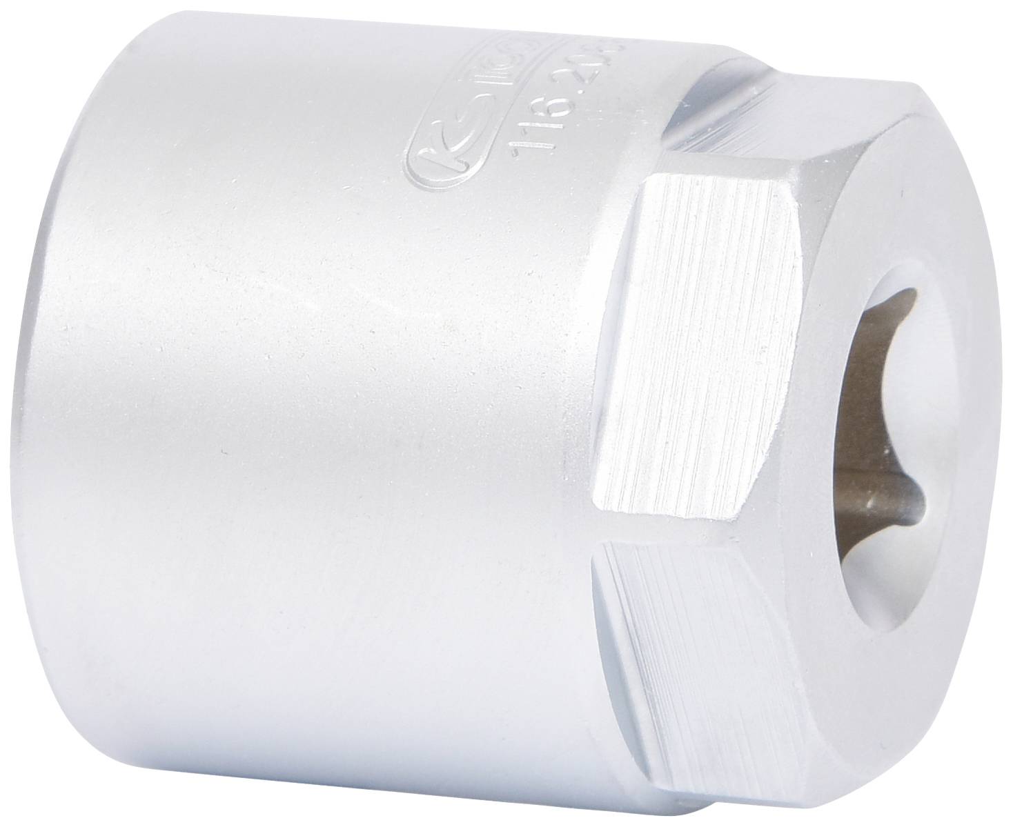 Ein silberfarbener Steckschlüssel mit sechseckigem Kopf, geeignet für Reparatur- oder Montagearbeiten.