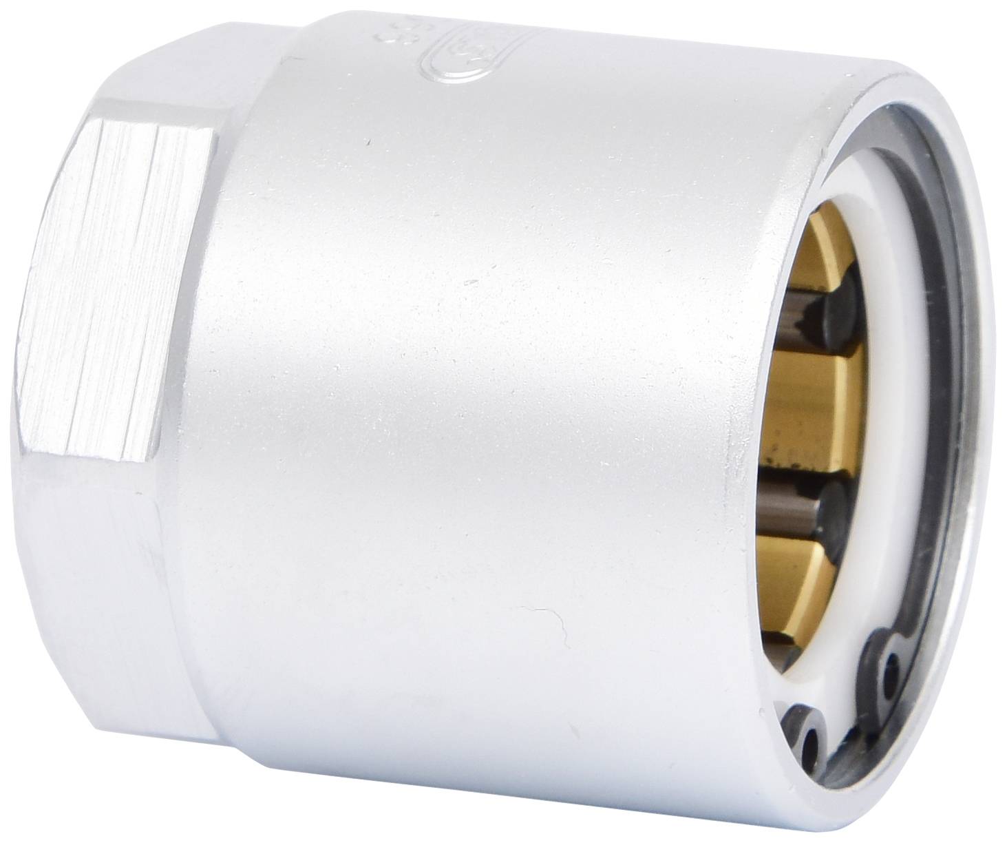 Ein silberner Metalladapter mit sechseckigem Kopf und zylindrischem Körper, möglicherweise ein Werkzeugaufsatz in einem technischen Kontext.