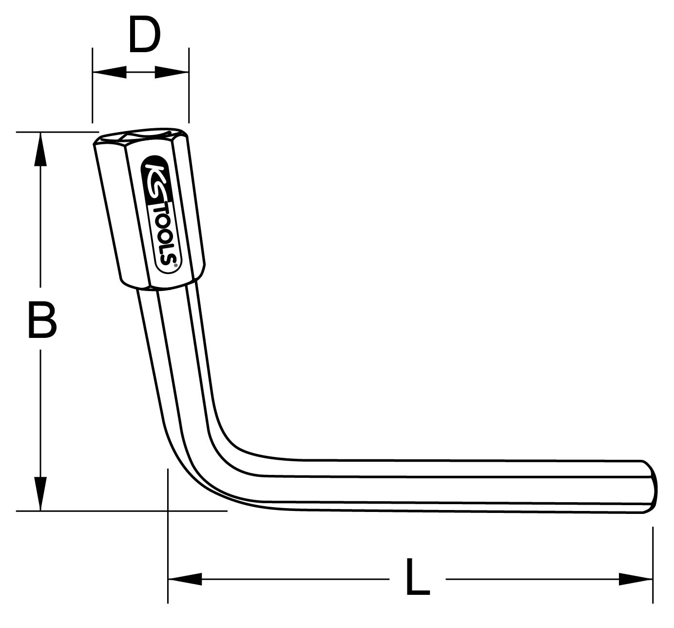 Abbildung eines L-förmigen Steckschlüssels mit Markierung der Länge (L), Breite (B), und Durchmesser (D).