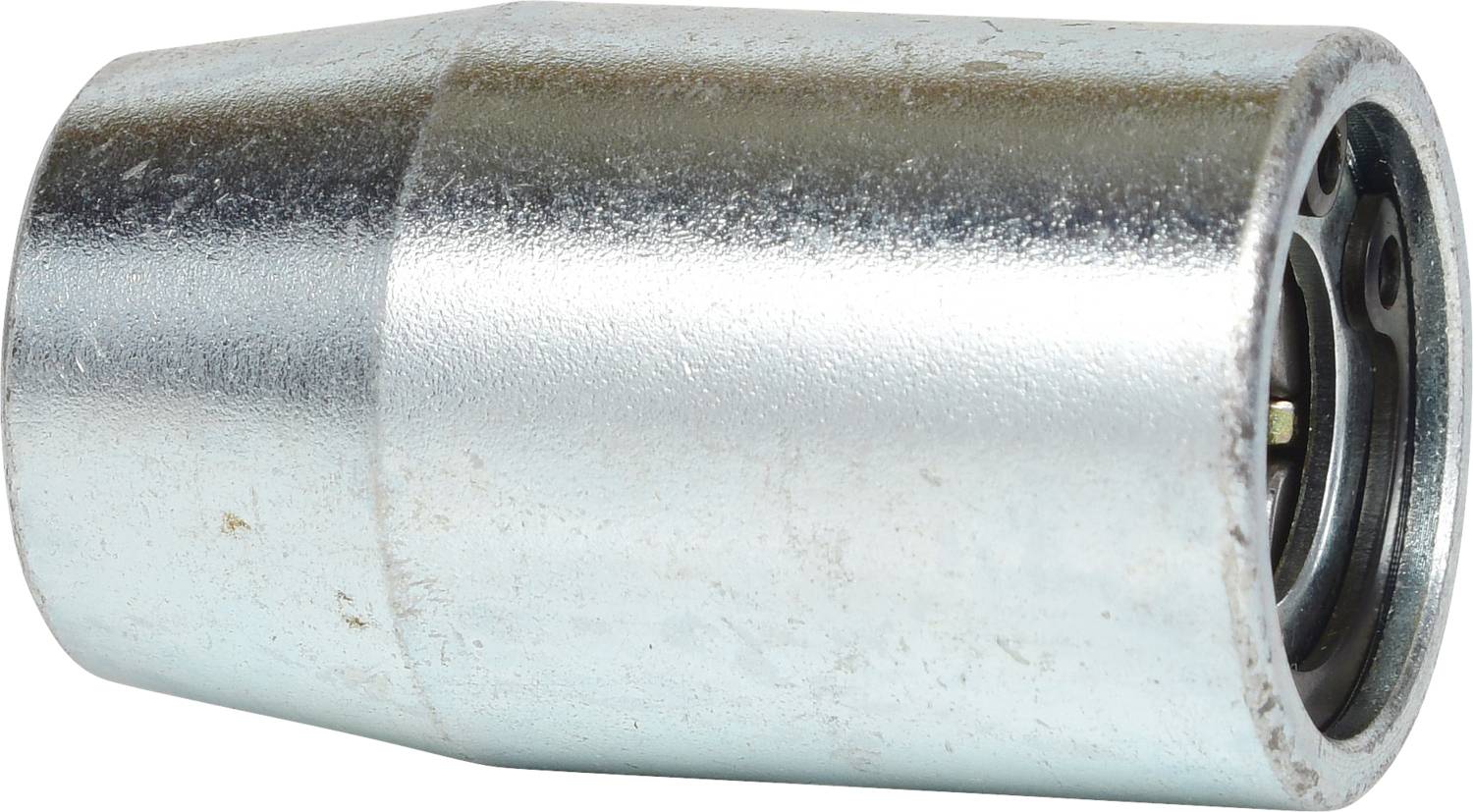 Ein zylindrischer, metallischer Anschluss mit leicht vergrößertem Ende. Es könnte Teil eines technischen Geräts sein, wie einer Maschine oder einem Rohrsystems.