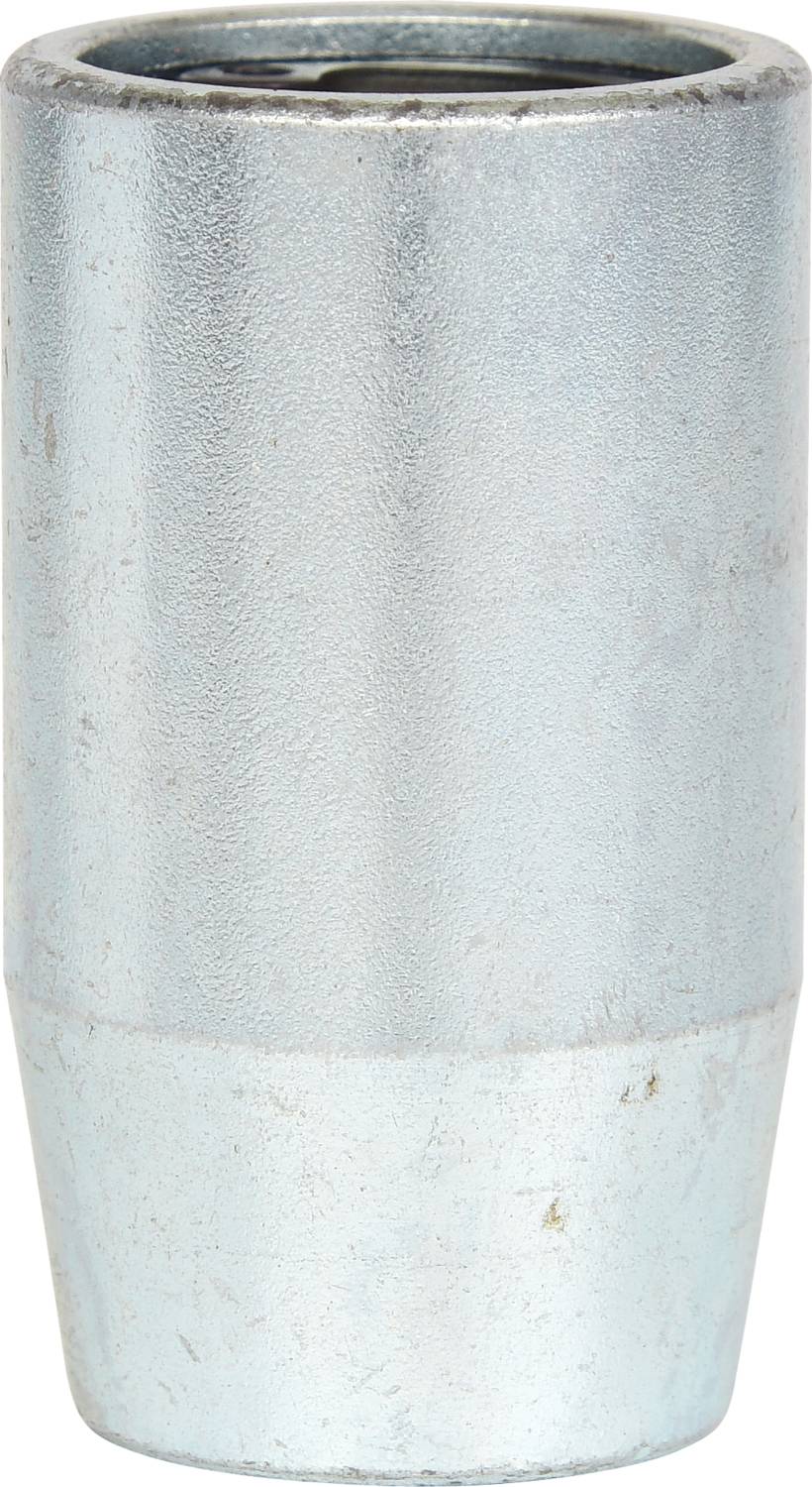 Silberner zylindrischer Metallaufsatz mit leicht genarbter Oberfläche, oben und unten geöffnet.