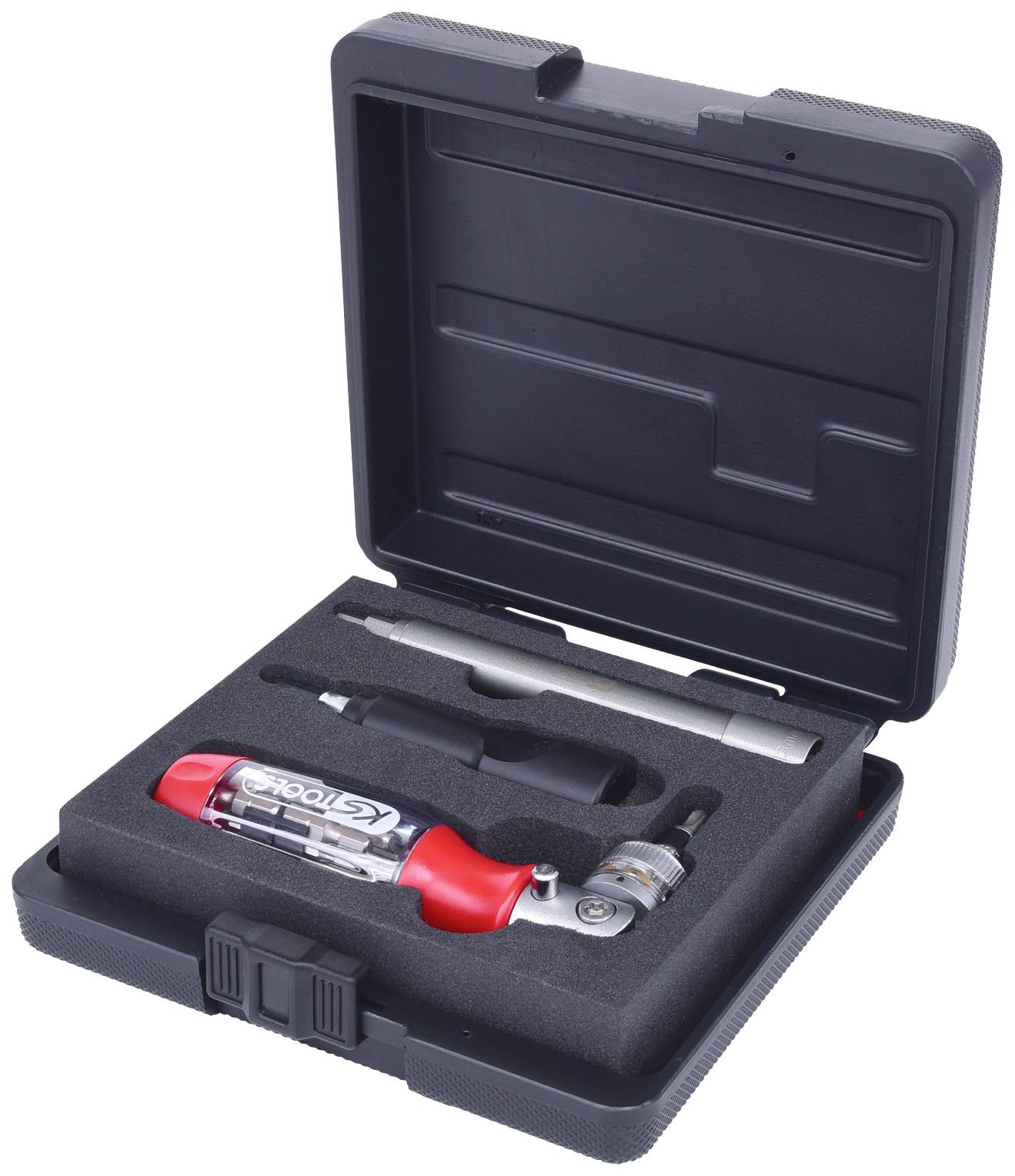 Ein Schraubendrehersatz in einem offenen Kunststoffkoffer. Der Koffer enthält einen roten Schraubendrehergriff, Bits und Zubehör.