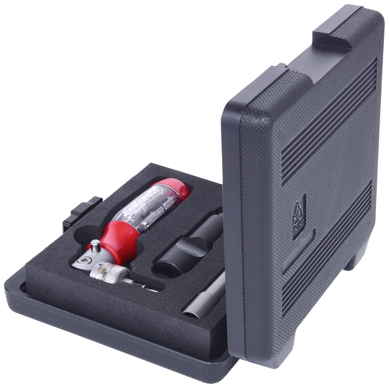 Ein Werkzeugkoffer mit einem roten Schraubendreher, verpackt in schwarzem Schaumstoff, liegt geöffnet auf einem Tisch.