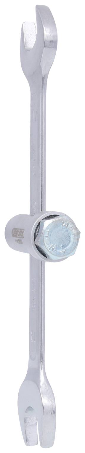 Ein silberner Gabelschlüssel dreht eine Schraube.