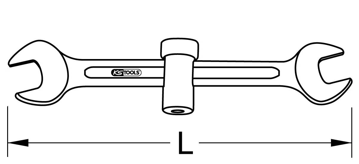 Illustration eines Doppelschlüssels der Marke KS Tools mit Maulschlüsseln an beiden Enden und einer Verlängerung in der Mitte, gekennzeichnet mit 'L' zur Längenangabe.