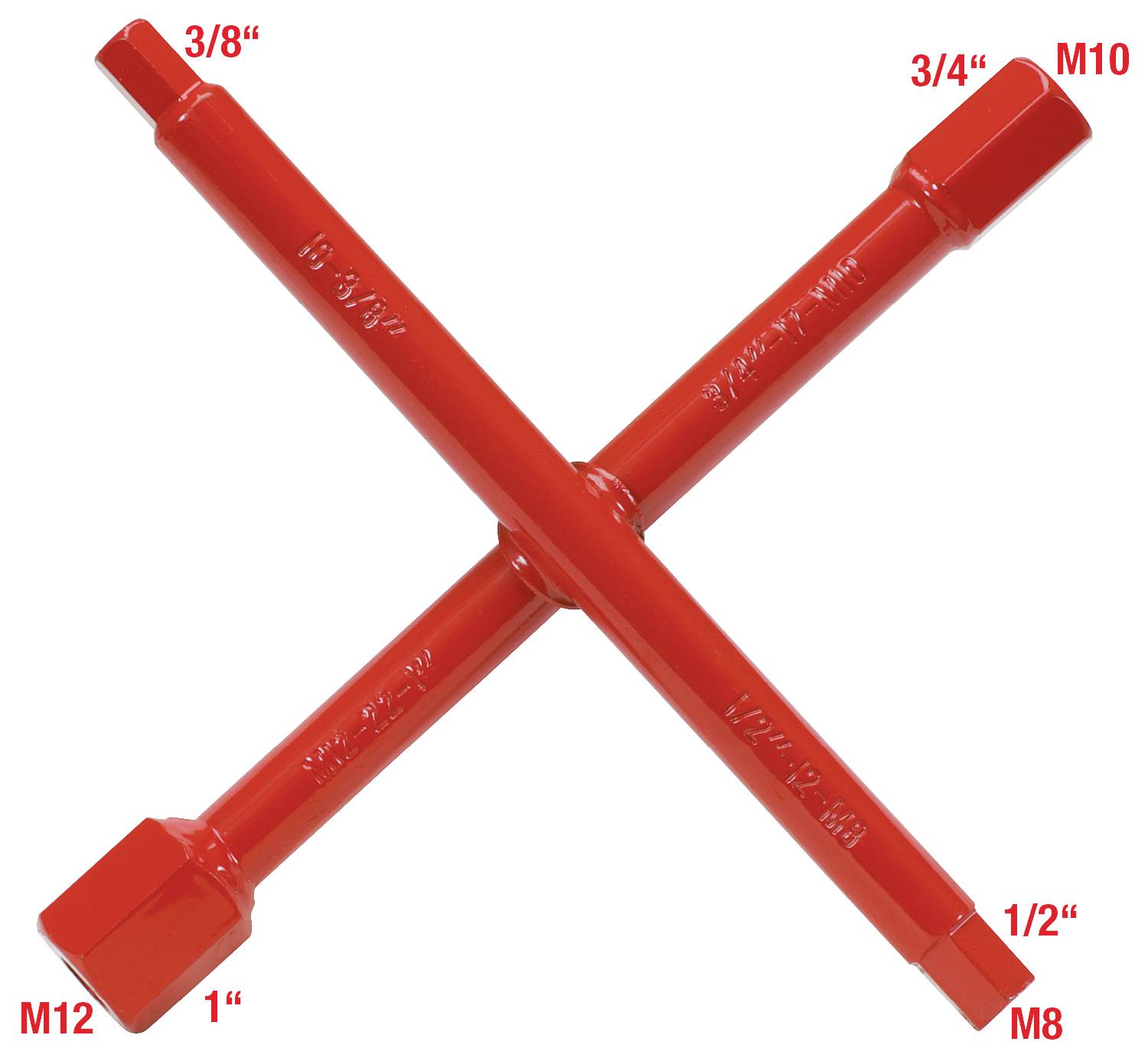 Rotes Kreuzschlüssel-Werkzeug mit vier Enden, jeweils beschriftet mit '3/8