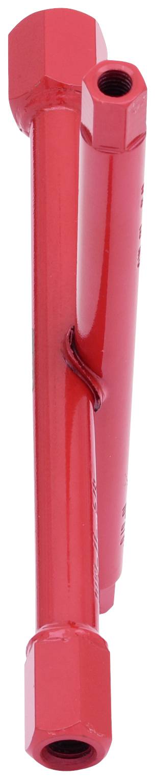 Zwei rote, metallische Rohre, parallel und leicht versetzt.