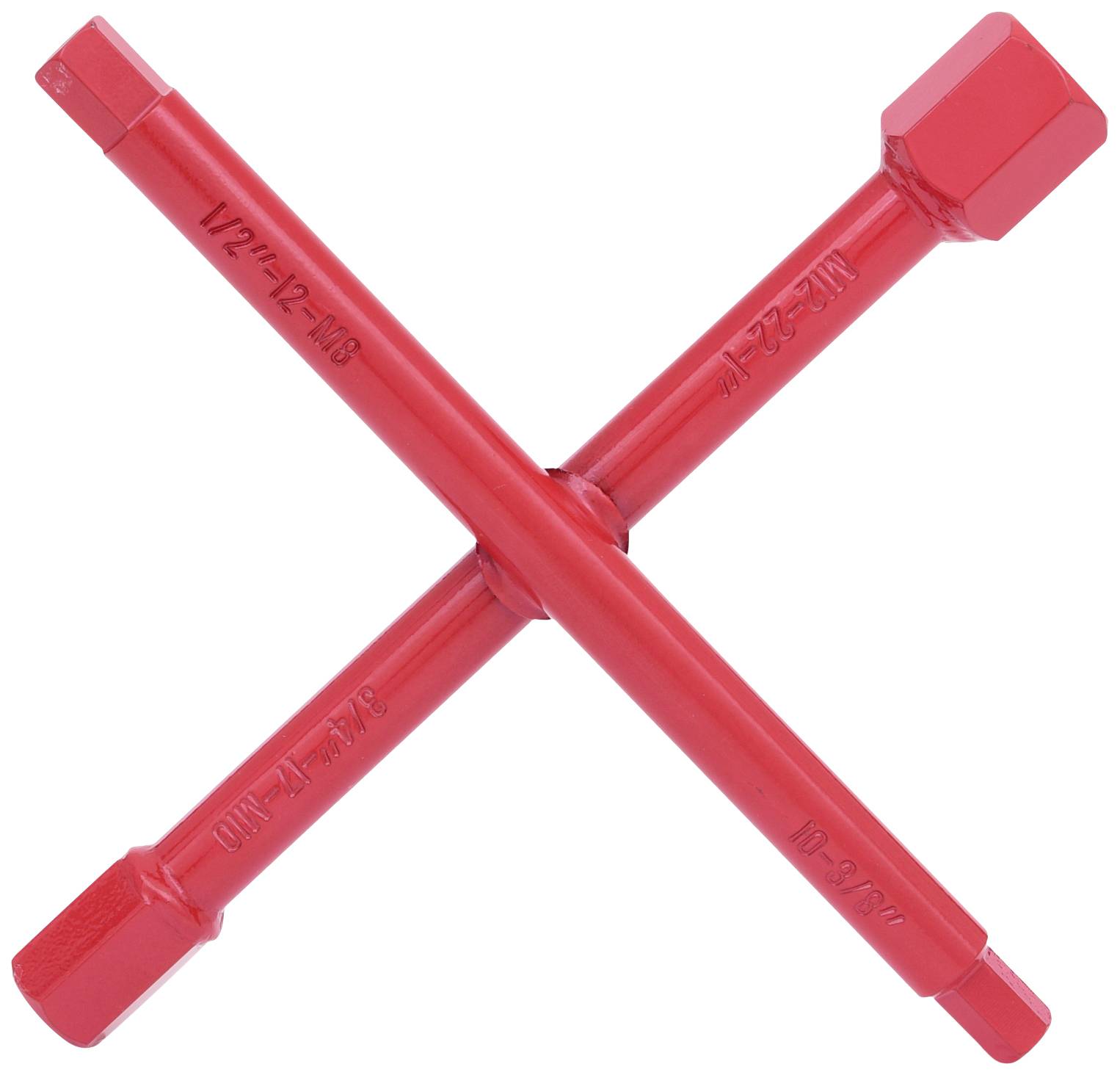 Rotes Kreuzgelenk-Werkzeug für Autoreifenwechsel, vierseitig mit unterschiedlichen Nussgrößen für verschiedene Schrauben.