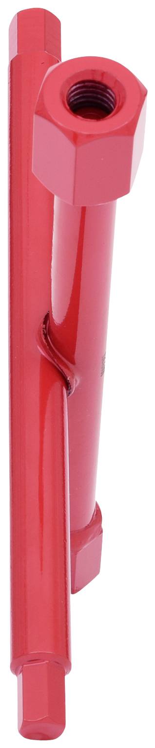 Zwei rote Metallstangen mit sechseckigen Enden und einem Gewinde in einer Stange.