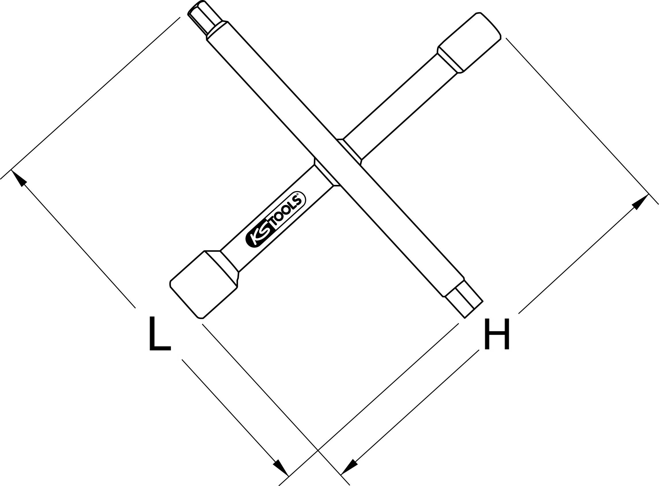 Das Bild zeigt eine Skizze eines Kreuzschlüssels von KS Tools. Zwei Arme im rechten Winkel zueinander. Größen 'L' und 'H' markiert.