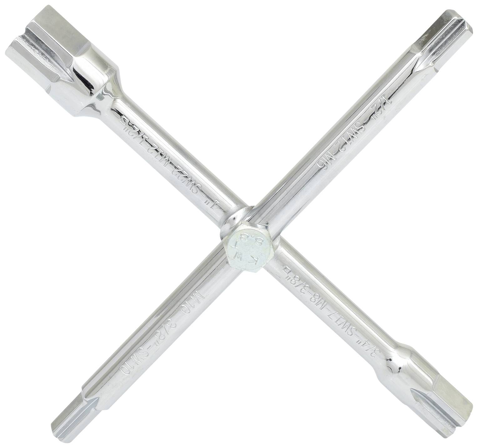 Silberner Kreuzschlüssel mit vier gleich langen Armen, aus Metall, zum Lösen von Schraubenmuttern.