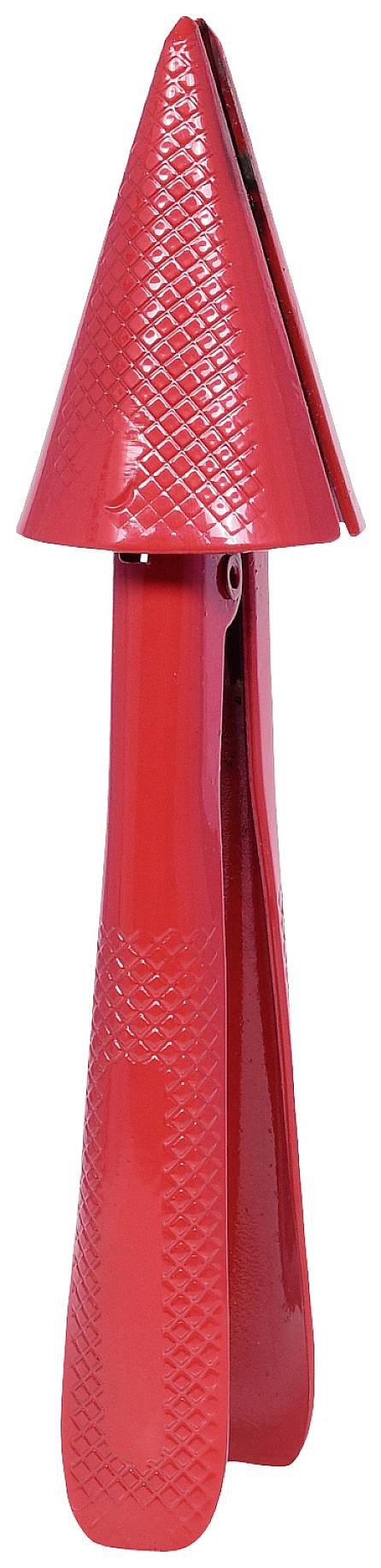 Rote Zitronenpresse aus Kunststoff in Form eines stilisierten Kegels, aufrecht stehend.