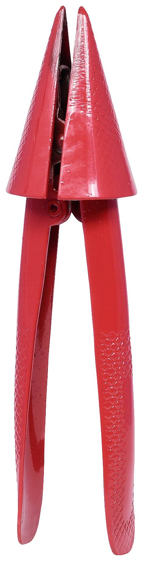 Roter Nussknacker mit konischer Form und gerippten Handgriffen, stehend in vertikaler Position.