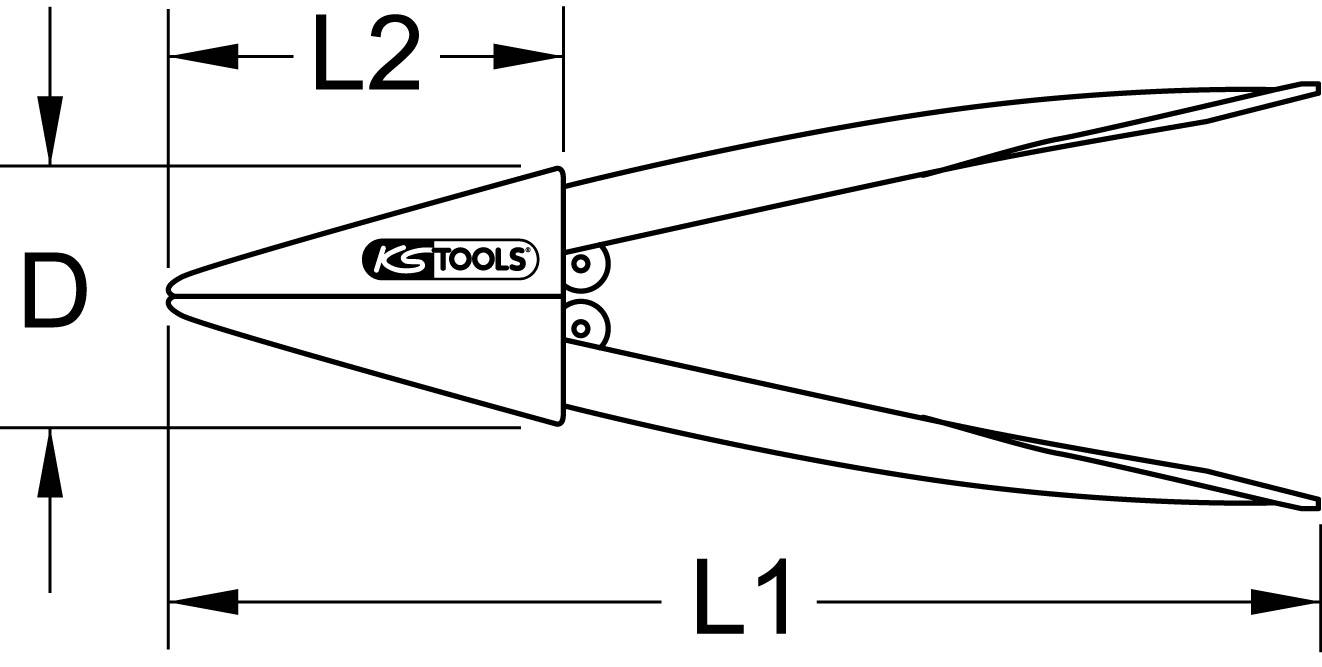 Zeichnung einer Zange mit Griffen. Abmessungen L1, L2 und D sind markiert. 'KS Tools' Logo auf der Zange.