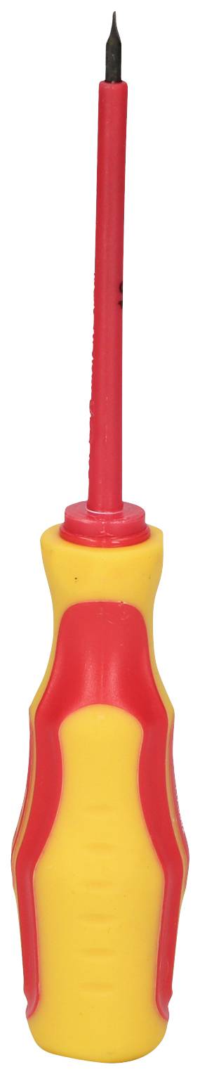 Ein gelb-roter Schraubendreher mit isoliertem Griff und schmaler Spitze.