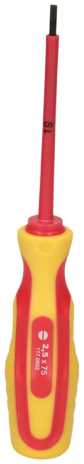 Ein gelber und roter Schlitzschraubendreher mit isoliertem Griff, geeignet für elektrotechnische Arbeiten.