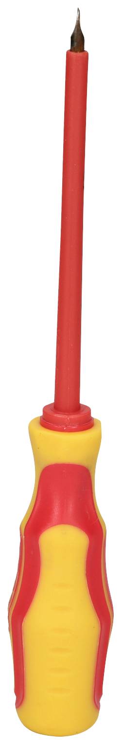 Ein rot-gelber Schraubendreher mit isoliertem Griff, geeignet für Arbeiten an Stromleitungen.