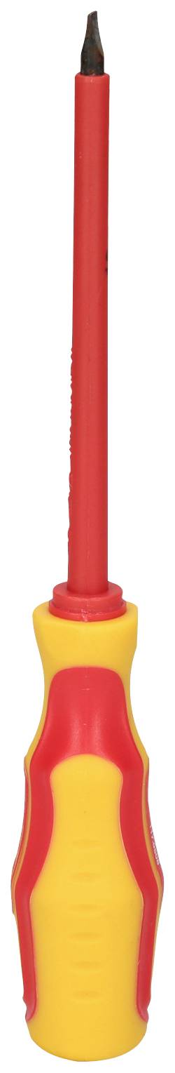 Isolierter Schraubenzieher mit rotem und gelbem Griff, geeignet für elektrische Arbeiten.