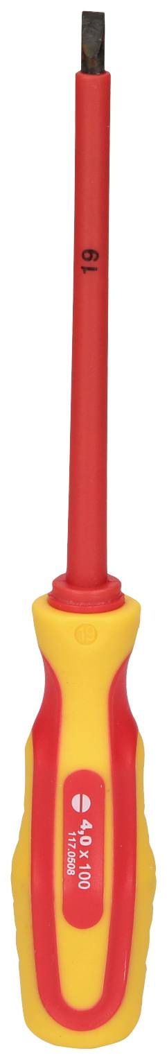 Ein isolierter Schraubendreher mit rotem Griff und gelber Isolierung, geeignet für elektrische Arbeiten zum Schutz vor Stromschlägen.