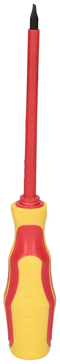 Ein gelb-roter Schlitzschraubendreher, isoliert für Elektriker-Arbeiten, mit schmalem Griff und schwarzer Spitze.