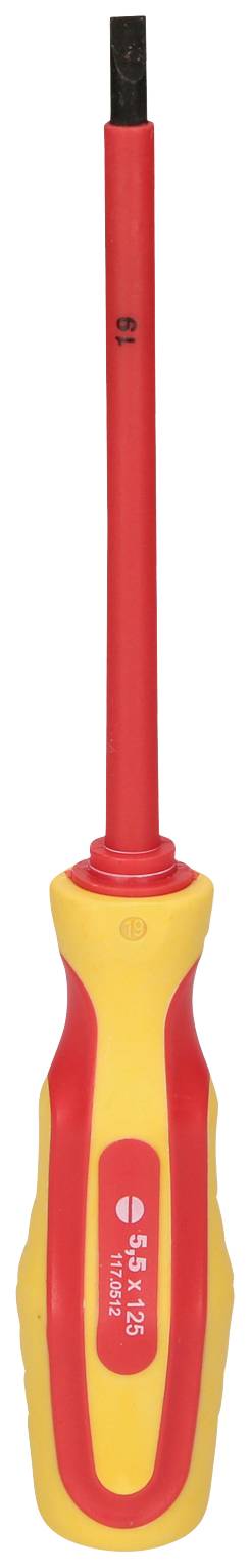 Ein isolierter Schraubendreher mit rotem Griff und gelber Ummantelung, geeignet für Elektroarbeiten.