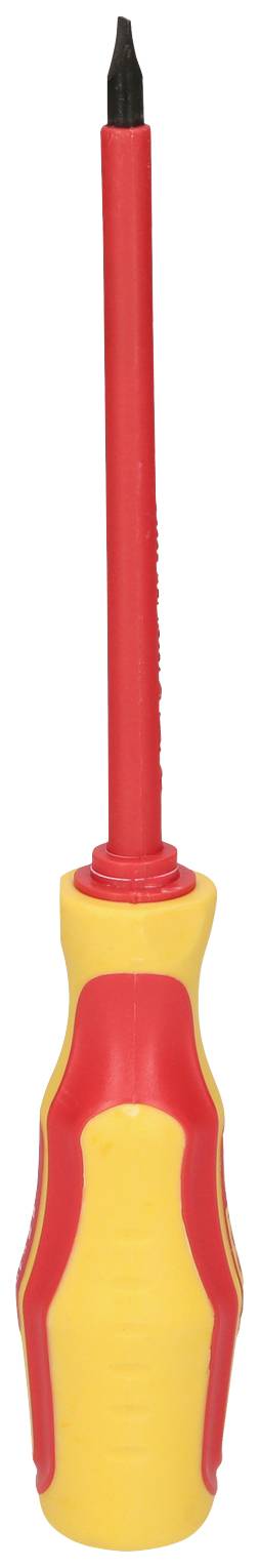 Ein roter und gelber Schraubendreher mit isoliertem Griff, geeignet für Arbeiten an elektrischen Geräten.