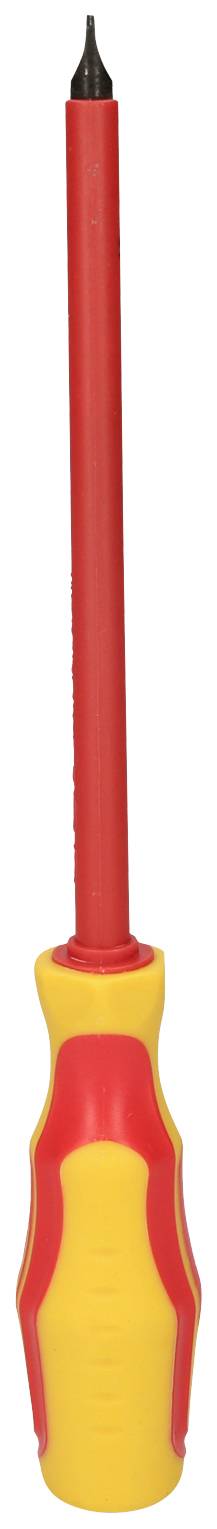 Ein isolierter Schraubenzieher mit rotem Griff und gelbem Schaft, geeignet für Arbeiten unter Spannung.