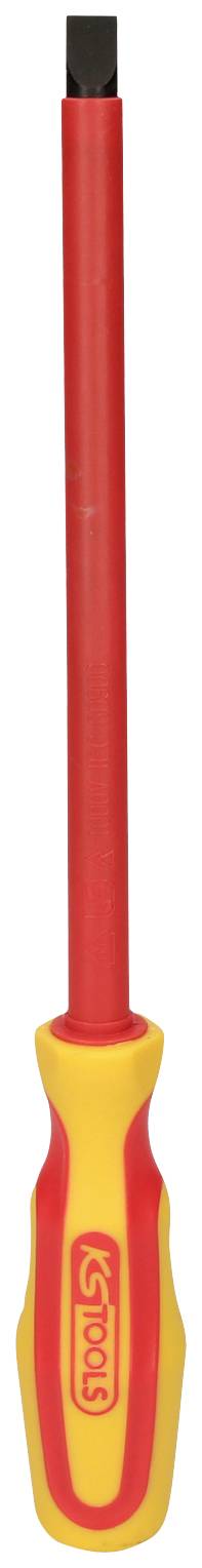 Ein isolierter Schraubendreher mit rotem Griff und gelber Markierung, geeignet für Arbeiten an elektrischen Anlagen.