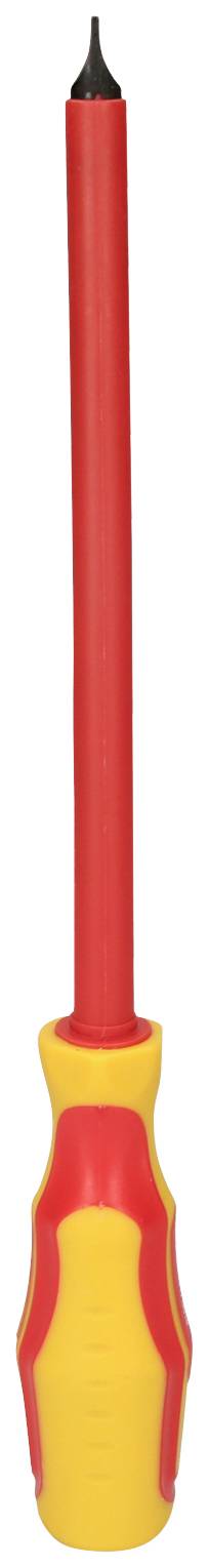 Ein isolierter Schraubendreher mit rotem Griff und gelbem Schutz für Elektroarbeiten, geeignet zur Stromkreissicherheit.