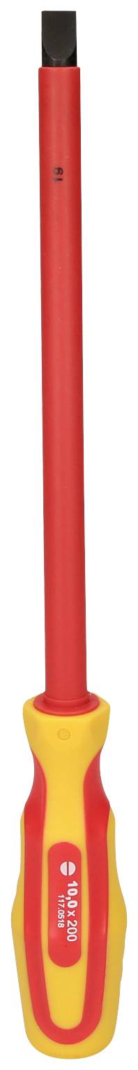 Schraubendreher mit isoliertem Griff, rotes Metallgehäuse, gelbe und rote Grifffarben; für elektrische Arbeiten geeignet.