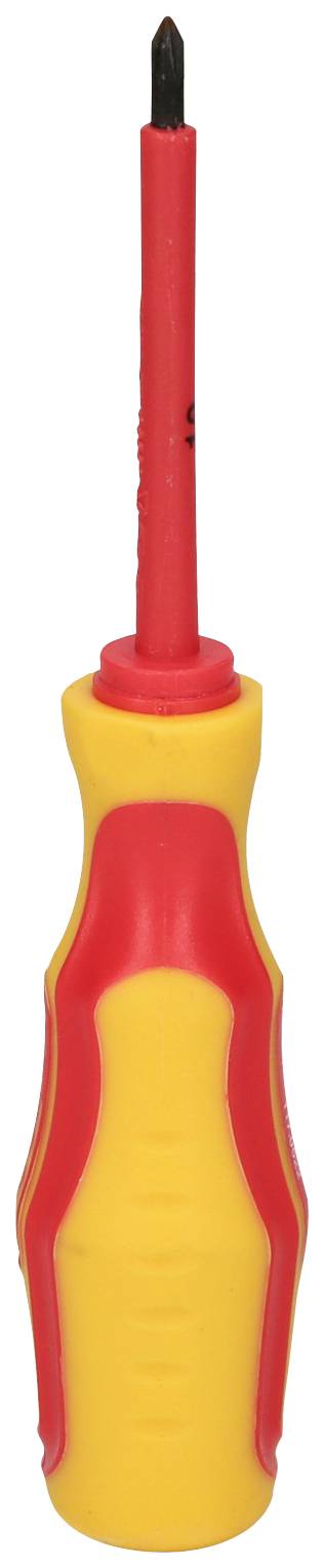 Ein isolierter Schraubenzieher mit einem gelb-roten Griff. Geeignet für Arbeiten an elektrischen Geräten, um den Benutzer vor Stromschlägen zu schützen.