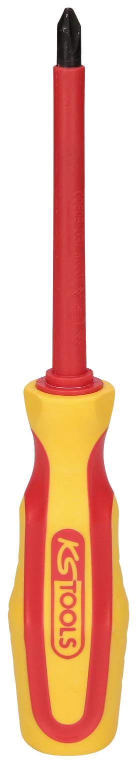 Isolierter Schraubendreher mit rotem Griff und gelbem Schutz, geeignet für Elektroarbeiten.