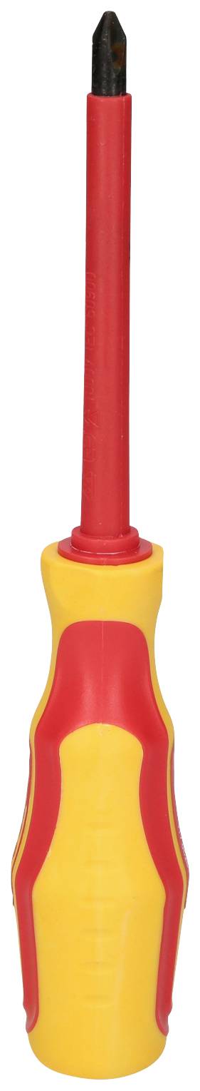 Ein isolierter Schraubendreher mit rotem Griff und gelben Details, geeignet für elektrische Arbeiten.