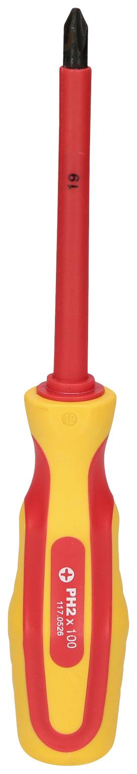 Elektrischer Schraubendreher mit isoliertem Griff in Rot und Gelb, geeignet für Arbeiten unter Spannung.