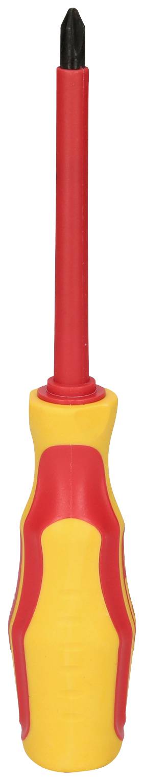 Ein gelb-roter Schraubendreher mit isoliertem Griff, geeignet für Arbeiten an elektrischen Anlagen, mit einem schwarzen Kreuzschlitzkopf.
