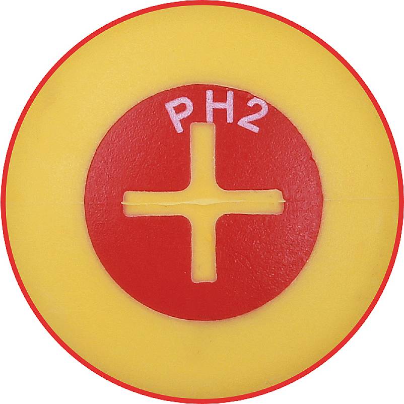 Gelber Schraubendreherkopf mit rotem Kreuzschlitz und der Aufschrift 'PH2'.