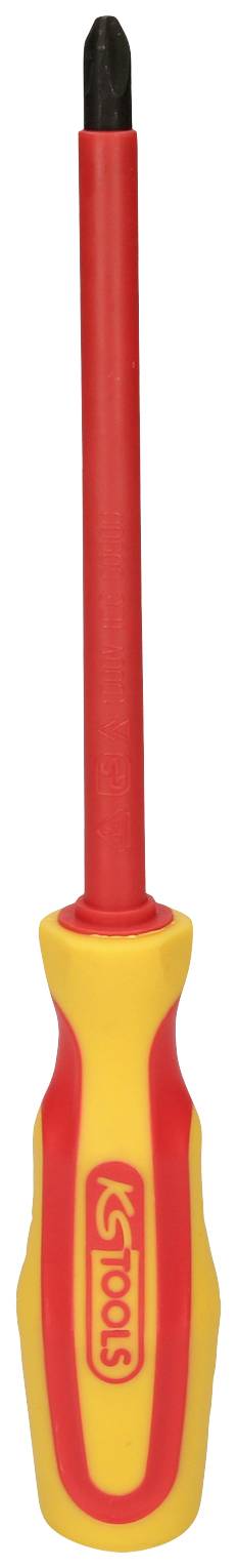 Ein Schraubendreher mit rotem Griff und schwarzer Spitze.