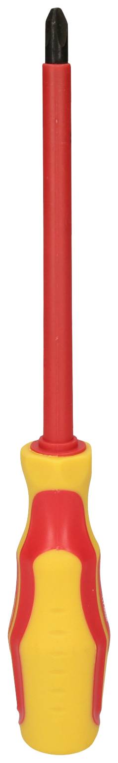 Ein roter und gelber Schraubendreher mit isoliertem Griff, geeignet für Arbeiten an elektrischen Geräten.
