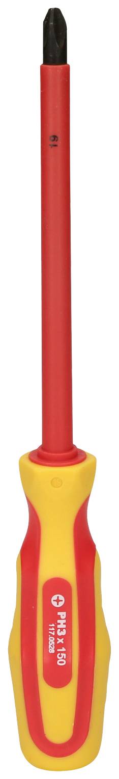 Ein roter und gelber Schraubendreher mit schwarzer Spitze, geeignet für Elektrowerkzeuge.