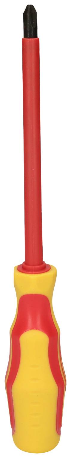 Ein rot-gelber Schraubendreher mit isoliertem Griff und schwarzer Kreuzschlitzspitze. Geeignet für Elektroarbeiten.