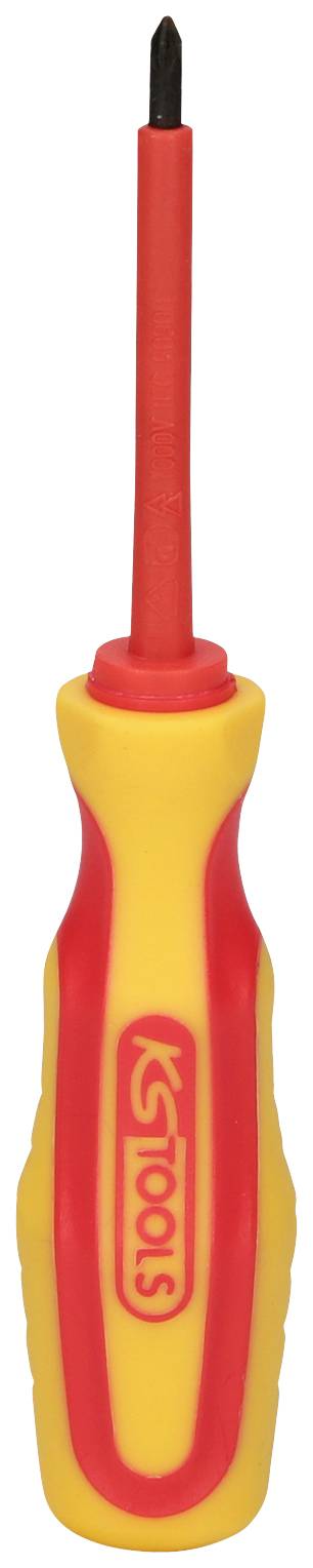Ein isolierter Schraubendreher mit rotem Griff und gelben Details. Geeignet für Elektroarbeiten.
