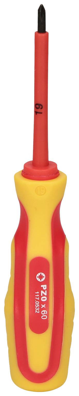 Isolierter Kreuzschlitz-Schraubendreher mit gelbem und rotem Griff. Geeignet für elektrische Arbeiten bis 1000 Volt.
